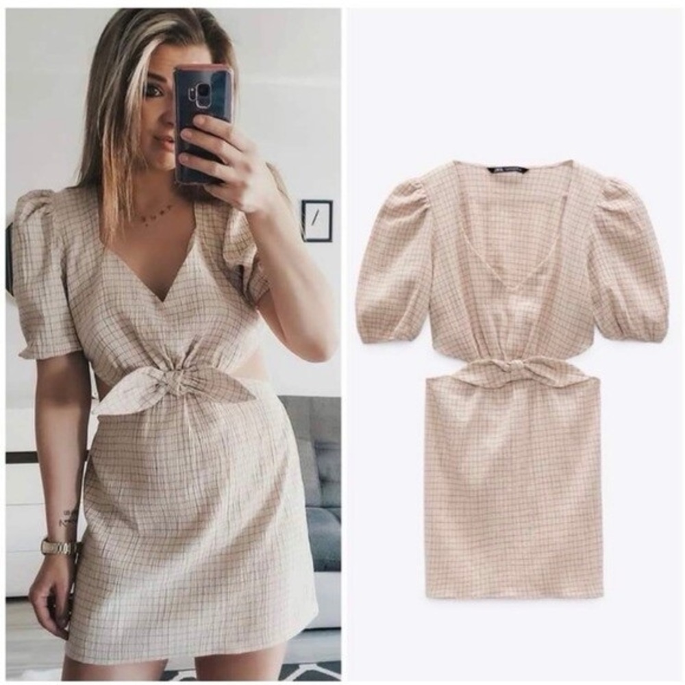 Zara Beige Checkered Mini Dress